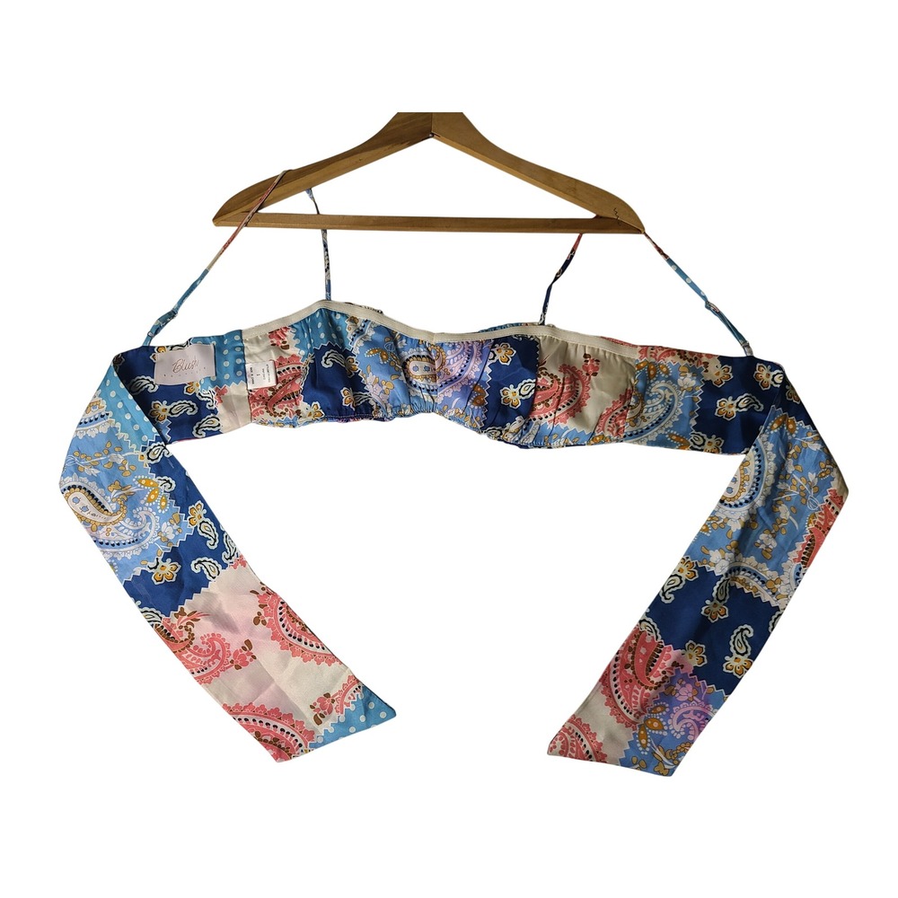 Blush Boutique Bandeau Crop Top Wm S Blue Paisley Patchwork Tie Back Y2K 00s Art